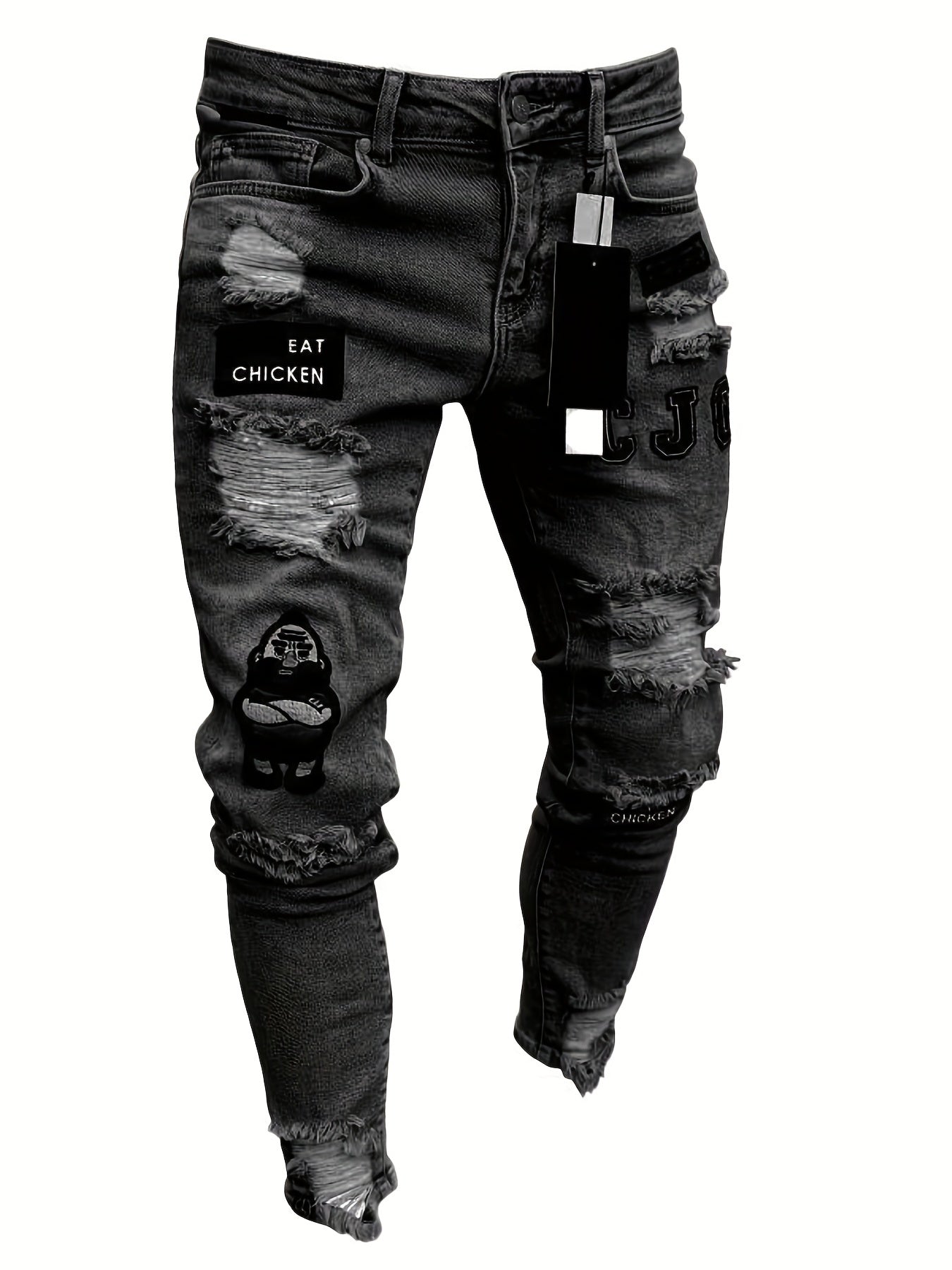 Men's Hip-Hop Style Slim Fit Stretch Denim Jeans with Distressed Details, Ripped Badge Accents - Mid-Rise, Raw Hem, Machine Washable, Grey
