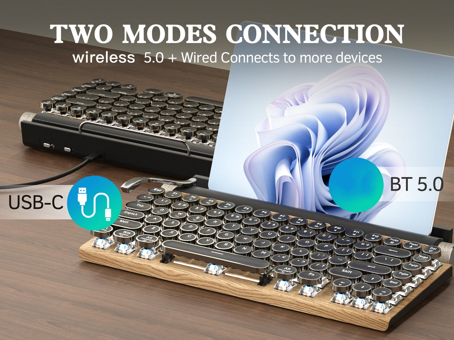 Wired & Wireless Retro Multi-Device Mechanical Typewriter, Compact 80% Layout Keyboard, Hotswappable, Wireless 5.0, Round Keycaps, LED Backlit, For Windows/IOS/Android/Linux