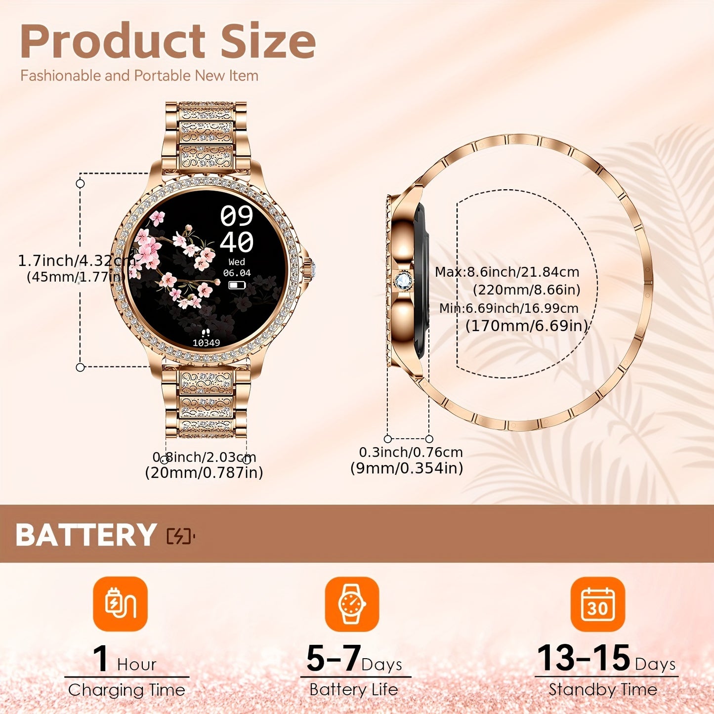 JELLOO Women'S Fashion Smart Watch - 3.35cm HD Full Touch Screen, Wireless Calls, IP68, Rechargeable Lithium Battery, Rose Golden & Pearl Accents, Perfect for iPhone & Android, Stylish Accessory|Rose Golden Watch|Lithium Batt