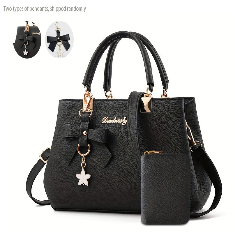 Chic Bow Decor Crossbody Bag for Women - Versatile Top Handle Satchel with Coin Purse, Adjustable Strap, and Zip Closure - Available in Khaki, Dark Pink, Light Blue, Black - Synthetic Material with Acrylic Lining, Cute Handba
