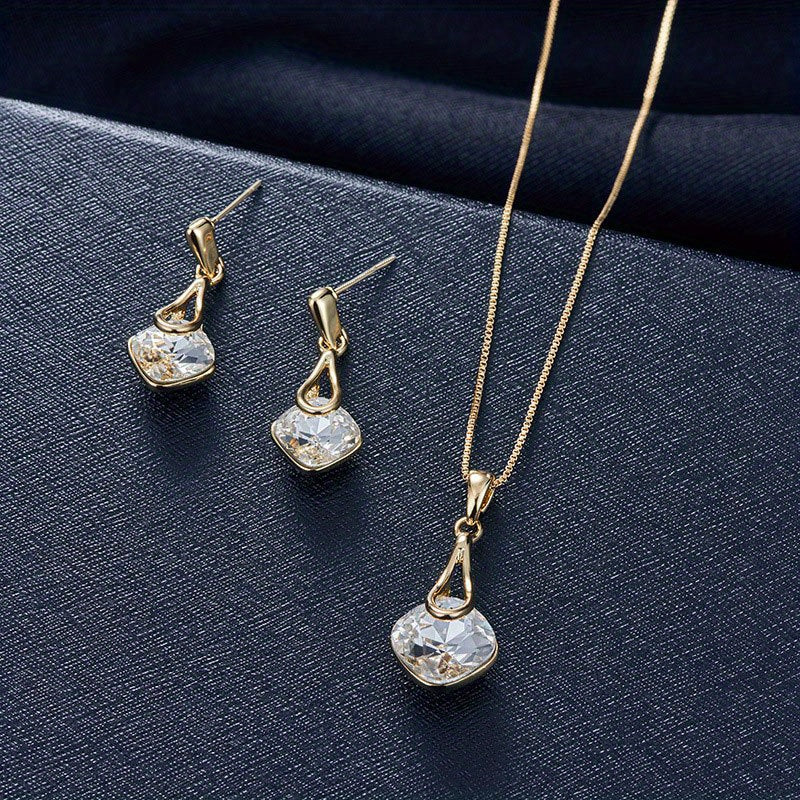 Luxurious Inlaid Square Shape Crystal Jewelry Set - Exquisite Pendant Necklace & Drop Earrings for Women - Perfect Prom Costume Jewelry with Artificial Crystal Accents and Elegant Design