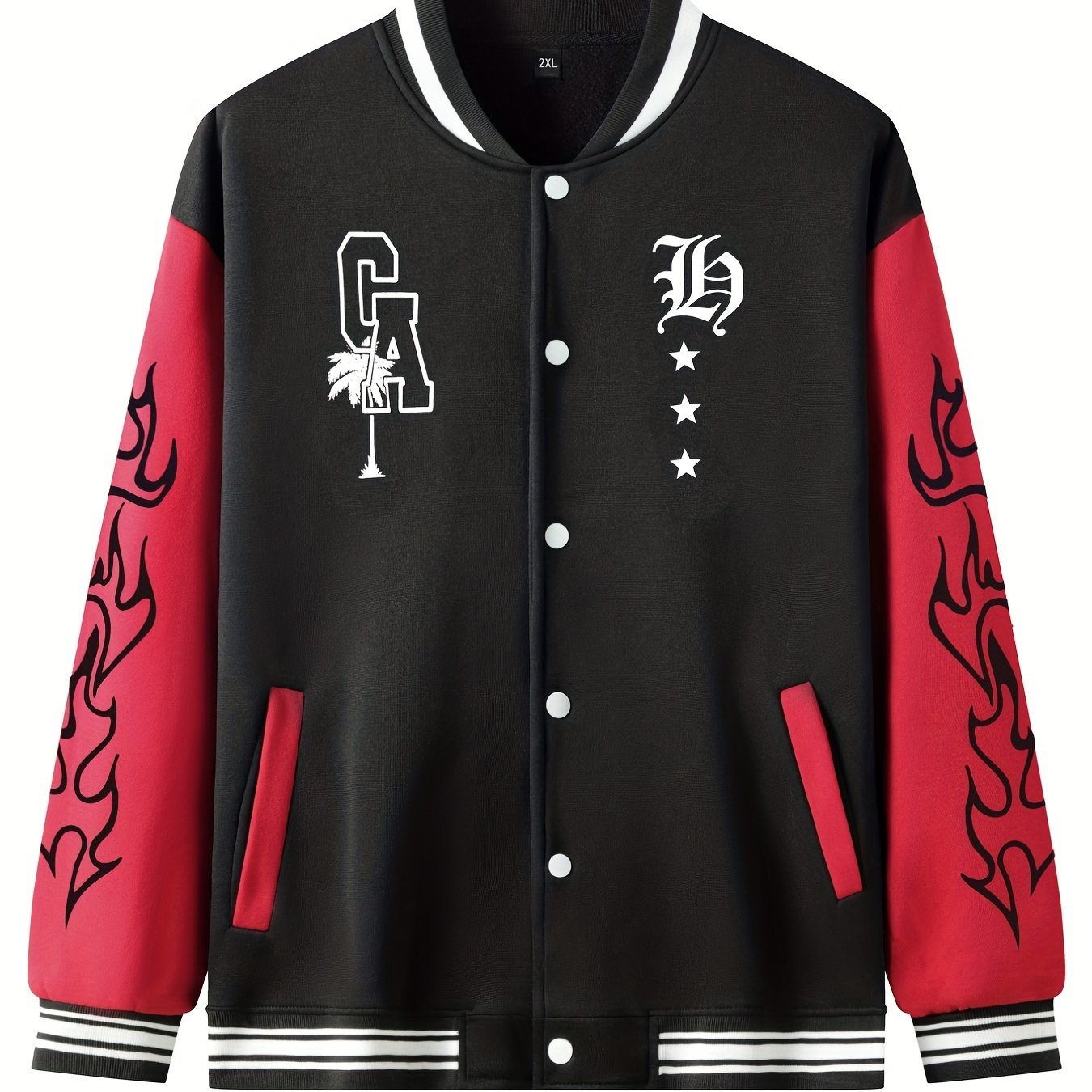 Warm Letter Print Star Pattern Embroidery Varsity Jacket, Men's Casual Color Block Button Up Jacket For Spring Fall School Baseball