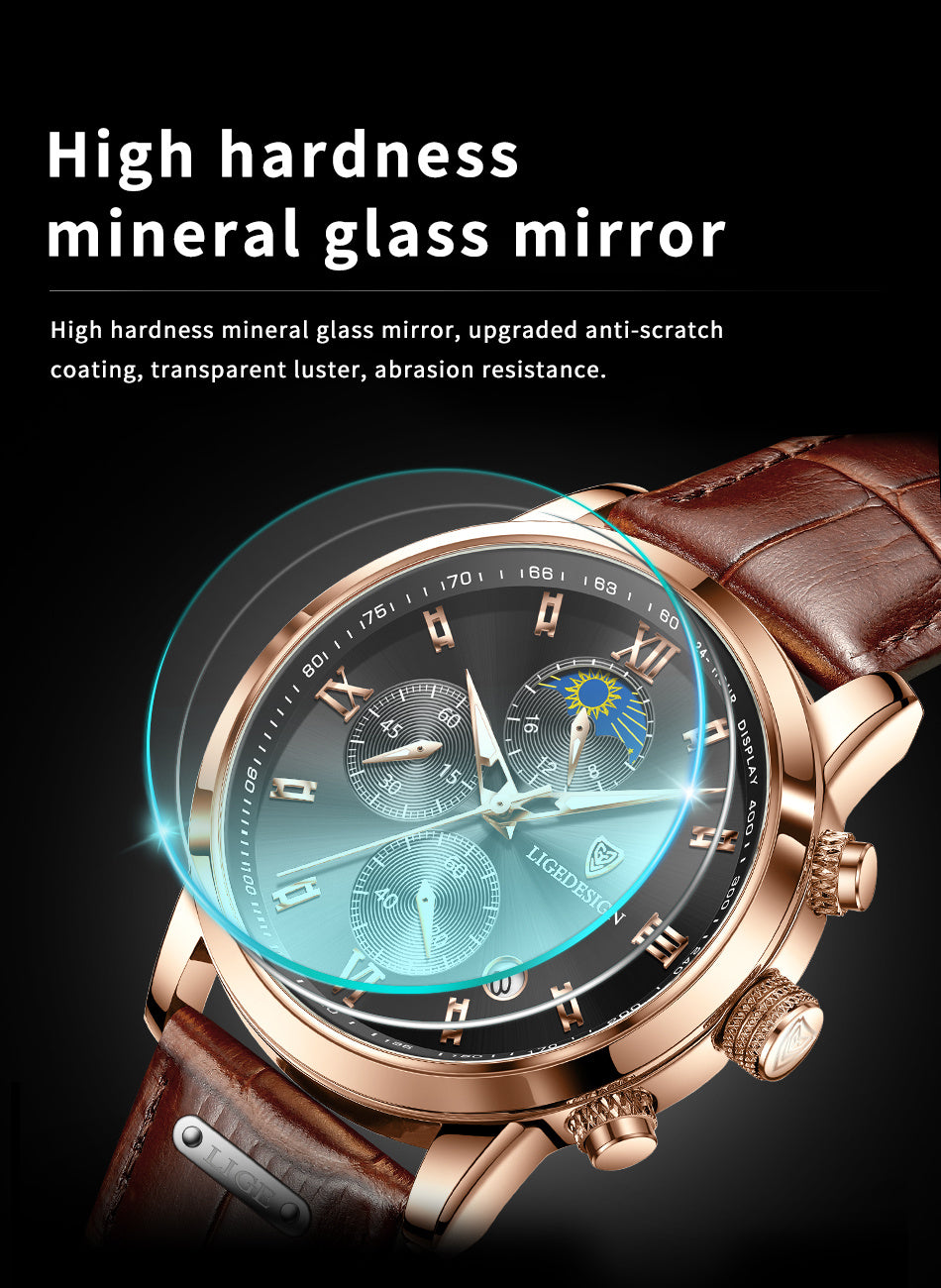 [LIGE Luxury Men Watch] LIGE Luxury Men Watch - PU Leather Chronograph Sport Quartz Wristwatch for Men - Christmas Gift