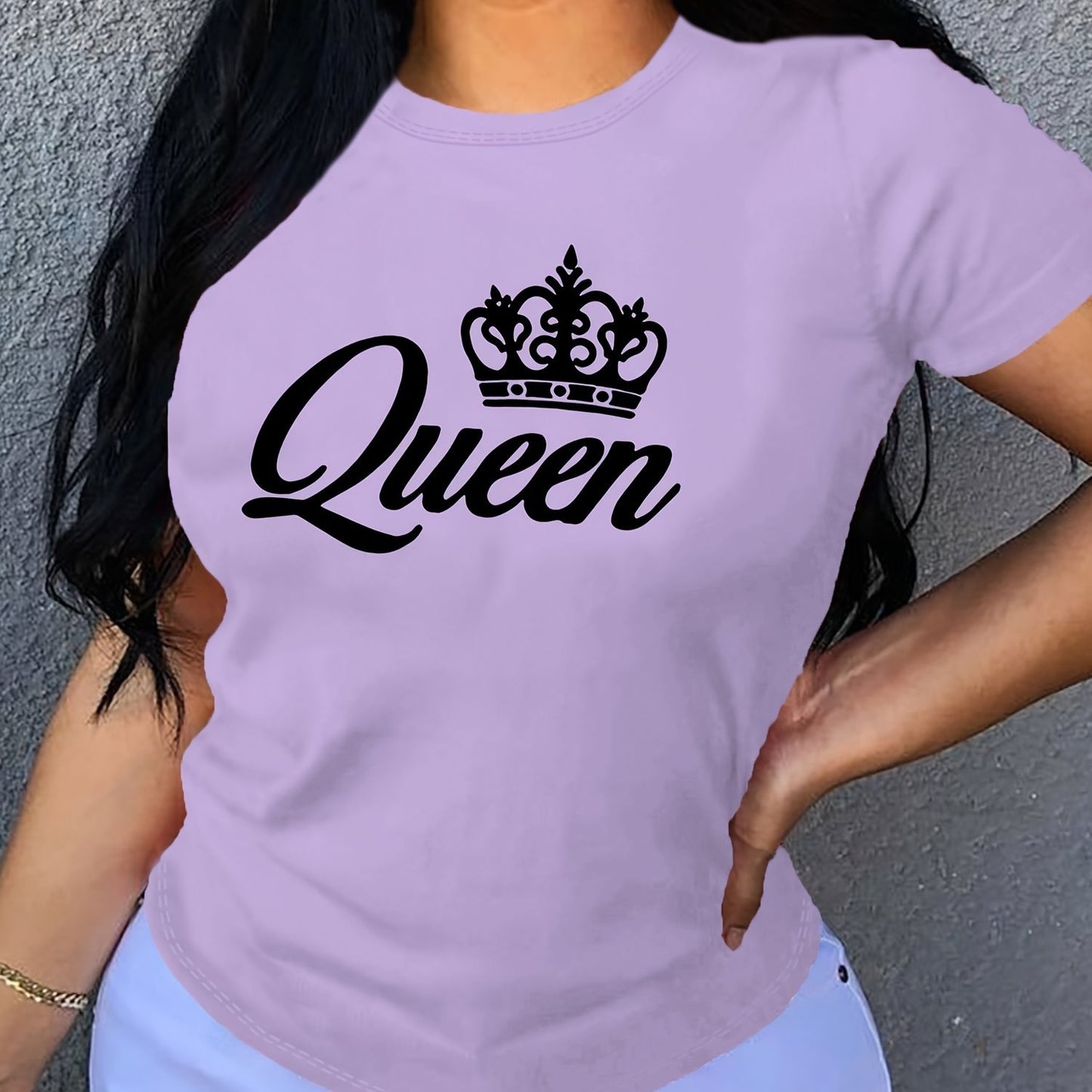 Crown Letter Print Crew Neck T-Shirt, Casual Short Sleeve T-Shirt For Spring & Summer, Women's Clothing