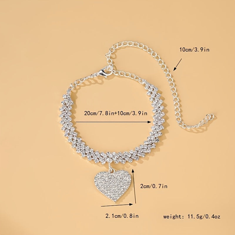 Rhombus Heart Anklet Set - Double Layer Rhinestone, Bling Bling Chain, Love Heart Pendant, Adjustable Ankle Bracelet, Fashion Jewelry for Women, Gift Idea, Perfect for Any Occasion