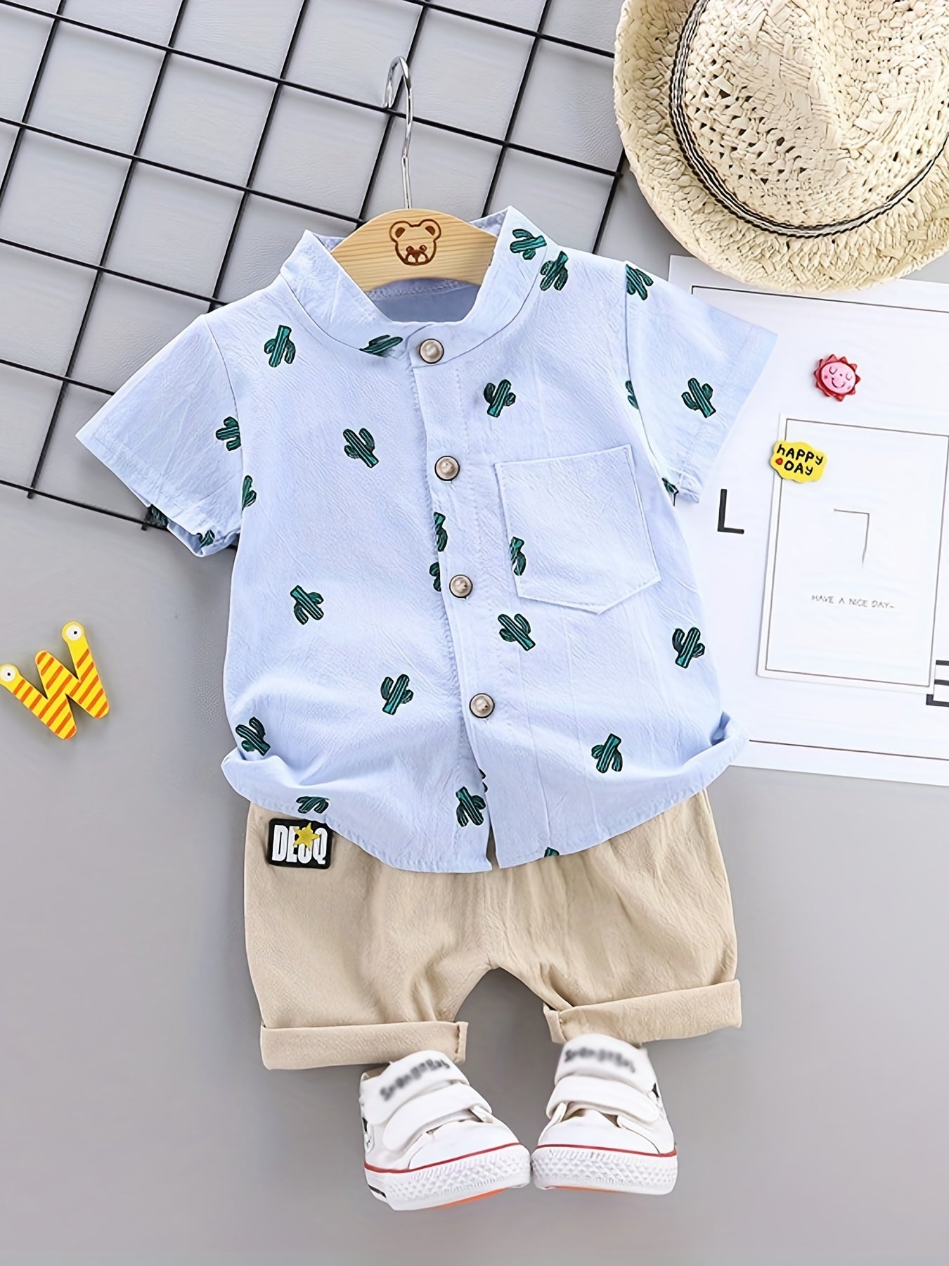 2pcs Toddler Dinosaur Print Short Sleeve Shirt & Shorts Set - Boys Summer Clothes, Elastic Waist, Button Front, Short Sets