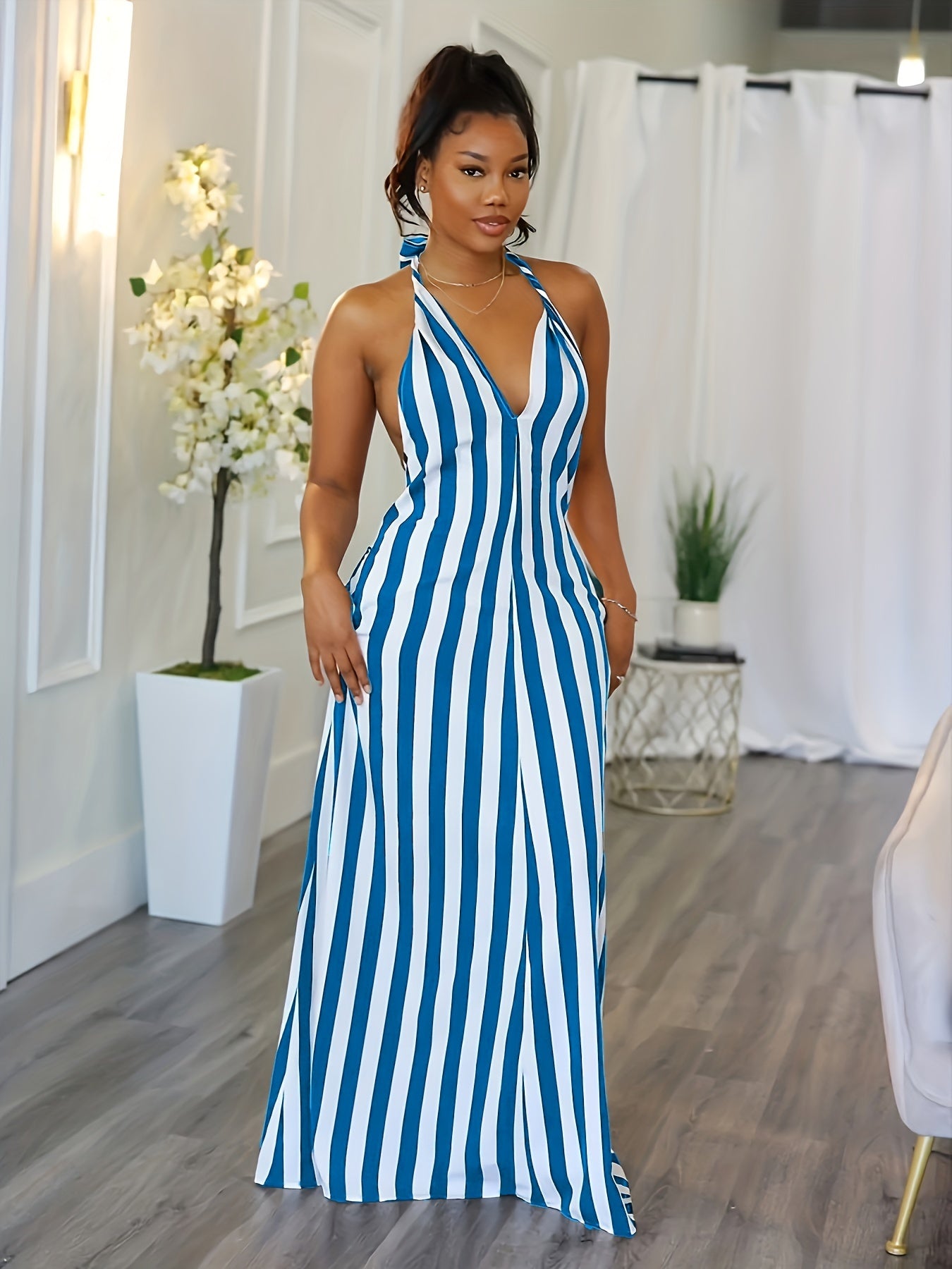 Vibrant Striped Halter Dress - Flattering V-Neck, Daring Backless Design, Chic Halter Neck Style, Perfect for Warm Weather - Womens Fashion Apparel, Stylish Clothing for Ladies, Spring and Summer Essential