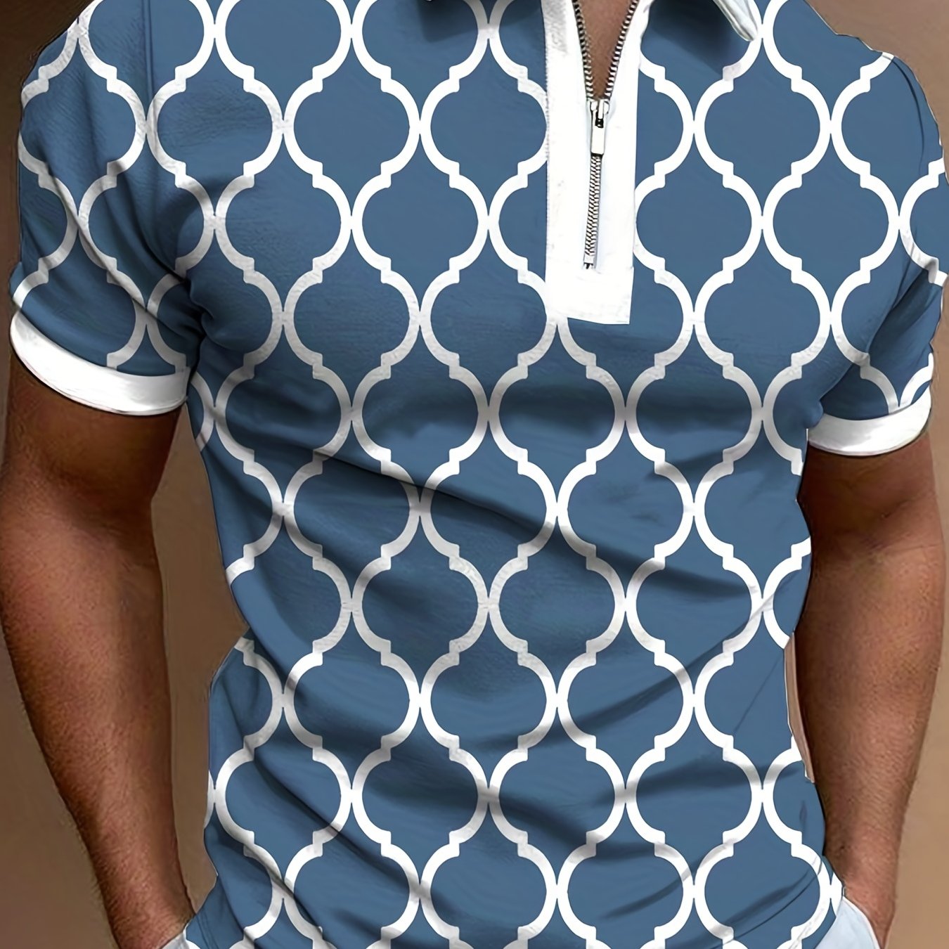 Geometric Pattern Print Men's Casual Short Sleeves Zipper Graphic Shirts, Lapel Collar Tops Pullovers, Men's Clothing For Summer