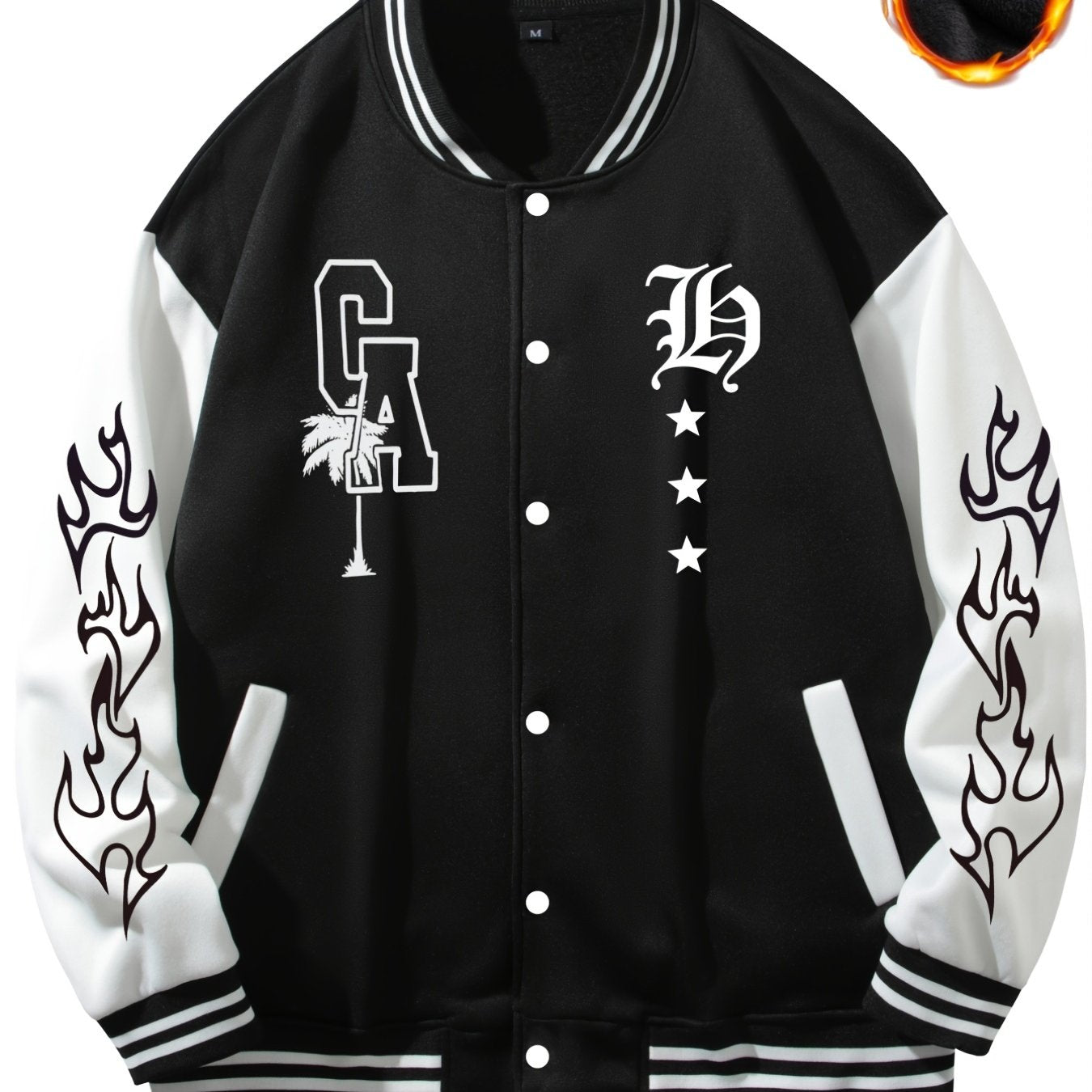 Warm Letter Print Star Pattern Embroidery Varsity Jacket, Men's Casual Color Block Button Up Jacket For Spring Fall School Baseball