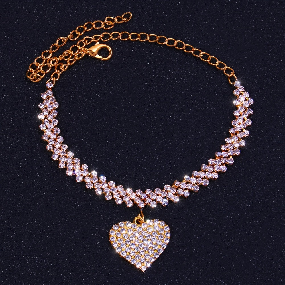 Rhombus Heart Anklet Set - Double Layer Rhinestone, Bling Bling Chain, Love Heart Pendant, Adjustable Ankle Bracelet, Fashion Jewelry for Women, Gift Idea, Perfect for Any Occasion