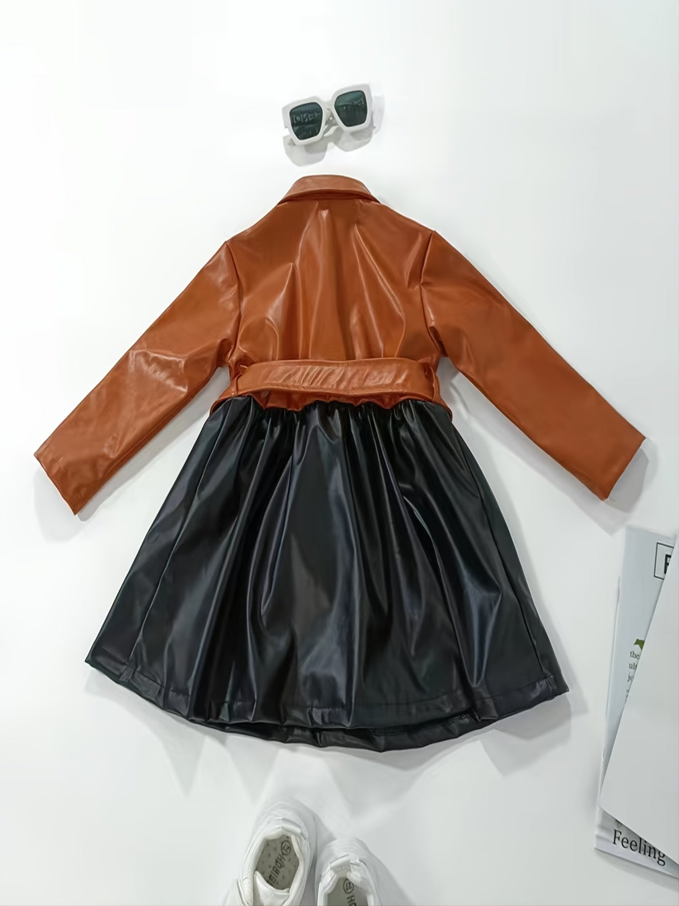 Vibrant Color Block PU Leather Dress for Girls - Stylish Button Lapel Design, Adjustable Belt, and Comfortable Fit for Kids' Everyday Wear