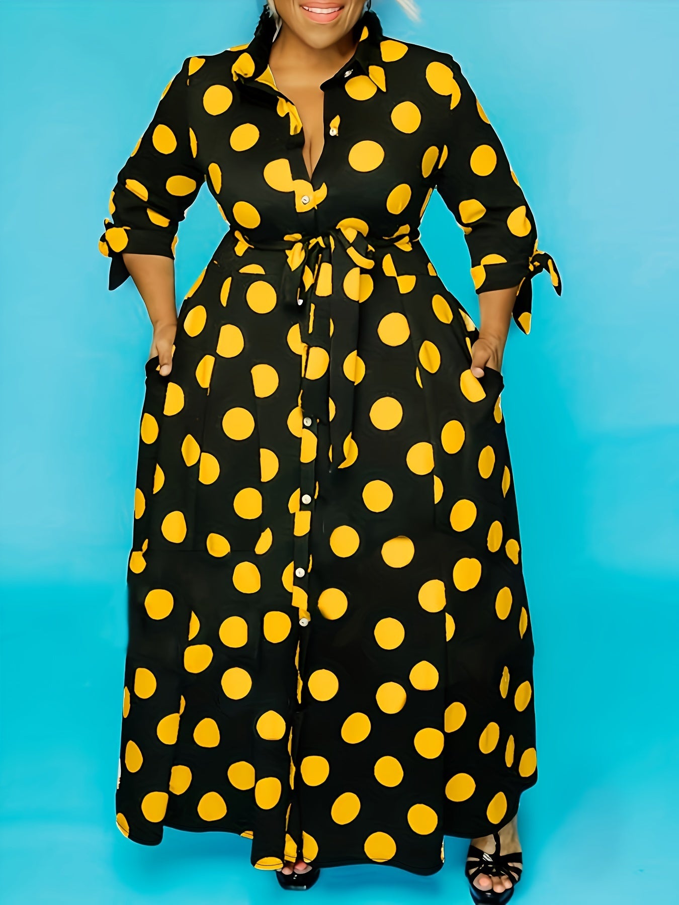 Plus Size Elegant Dress, Women's Plus Polka Dots Print Button Up Collared Belted Maxi Dress