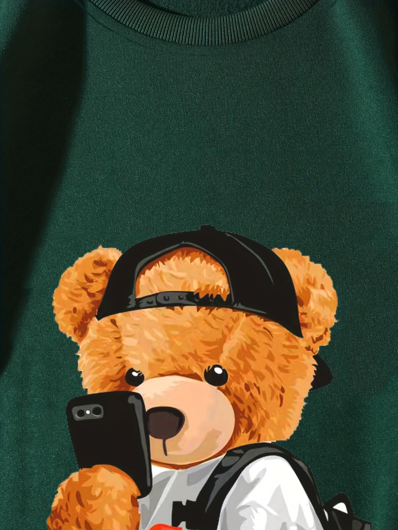 Men's Cartoon Bear Selfie Print Casual Round Neck Pullover Sweatshirt