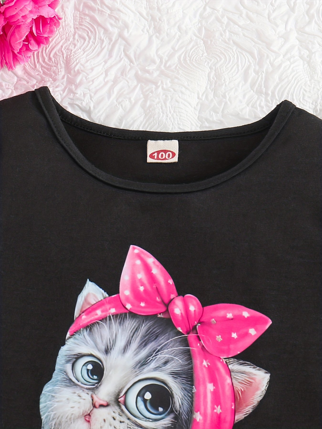 Summer Casual Round Neck Short Sleeve Printed Cat Pattern and Heart-Print Shor, Summer Outfit, Fashion, Cute Design, Playful Pattern, Soft Texture, Durable Clothing, 's Apparel, Little, 's Wear, Perfect for Outdoor