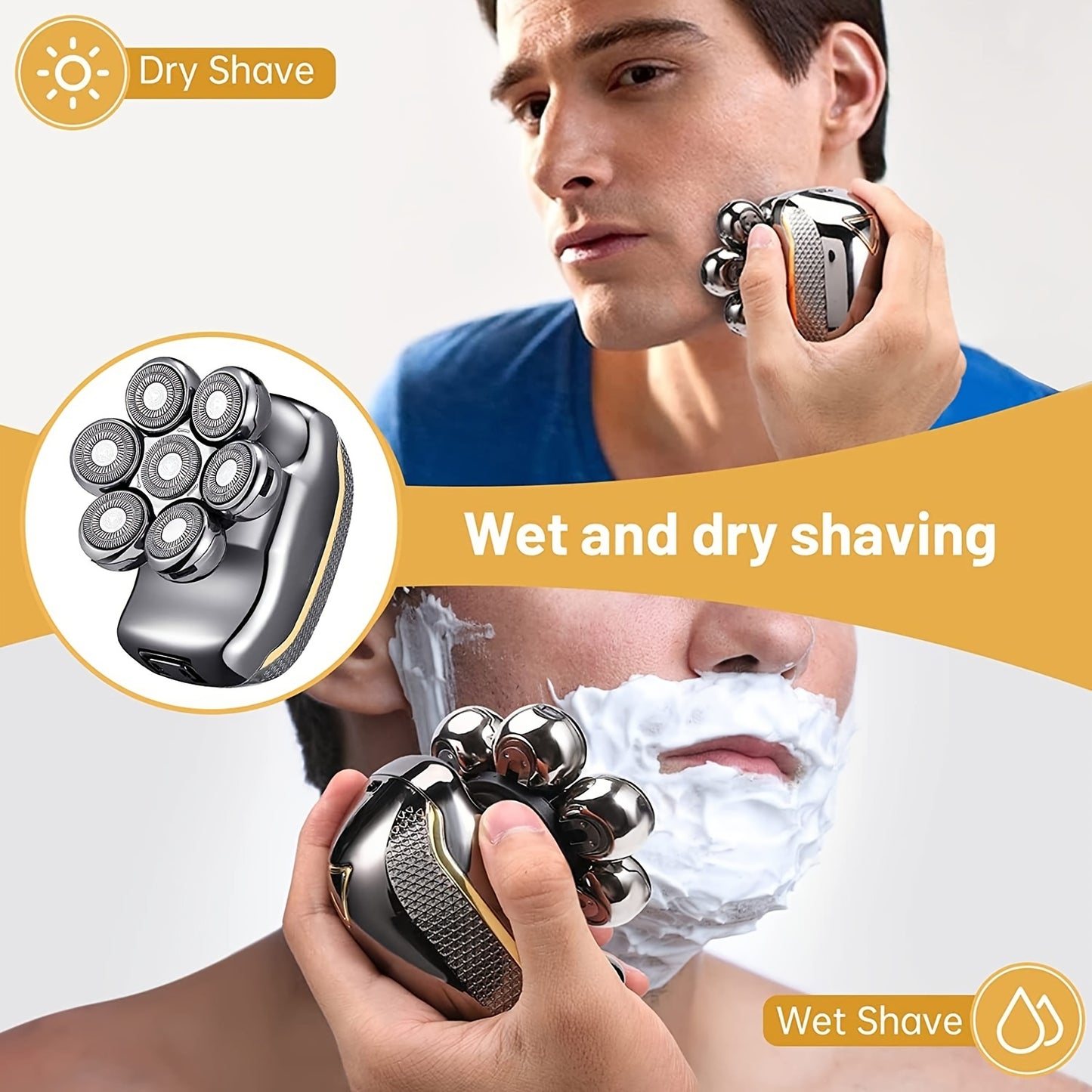 Men's Electronic Head Shaver Razor - Rechargeable Cordless Hair Shaving Razors For Bald Man 6 In 1 Wet Dry Beard Trimmer Body Hair Cutting Clipper Grooming Kit 7 Rotary Heads