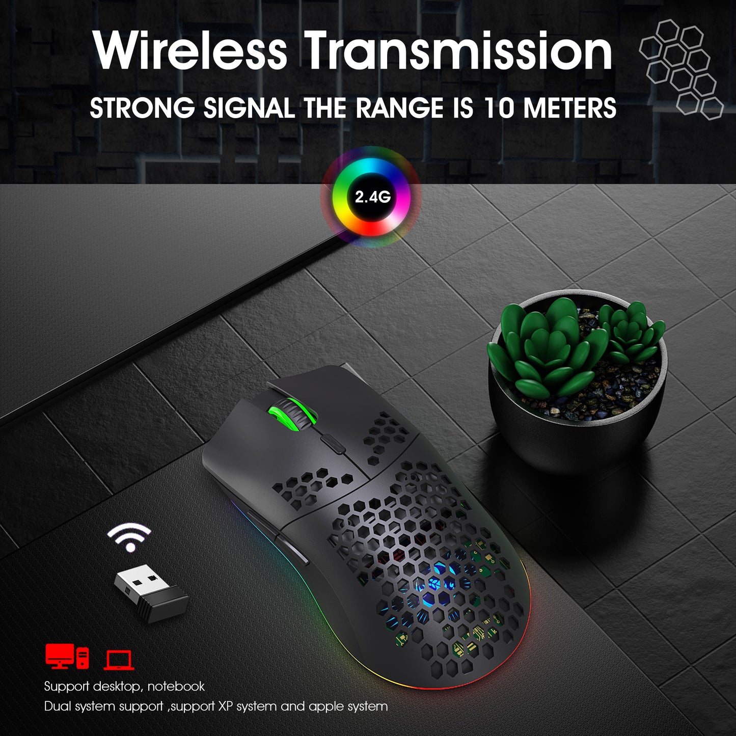[Wireless Gaming] HXSJ 2.4G Wireless Gaming Mouse | Right-Handed | RGB Lighting, Rechargeable, Honeycomb Design | Gaming | Right-Handed Comfort | White