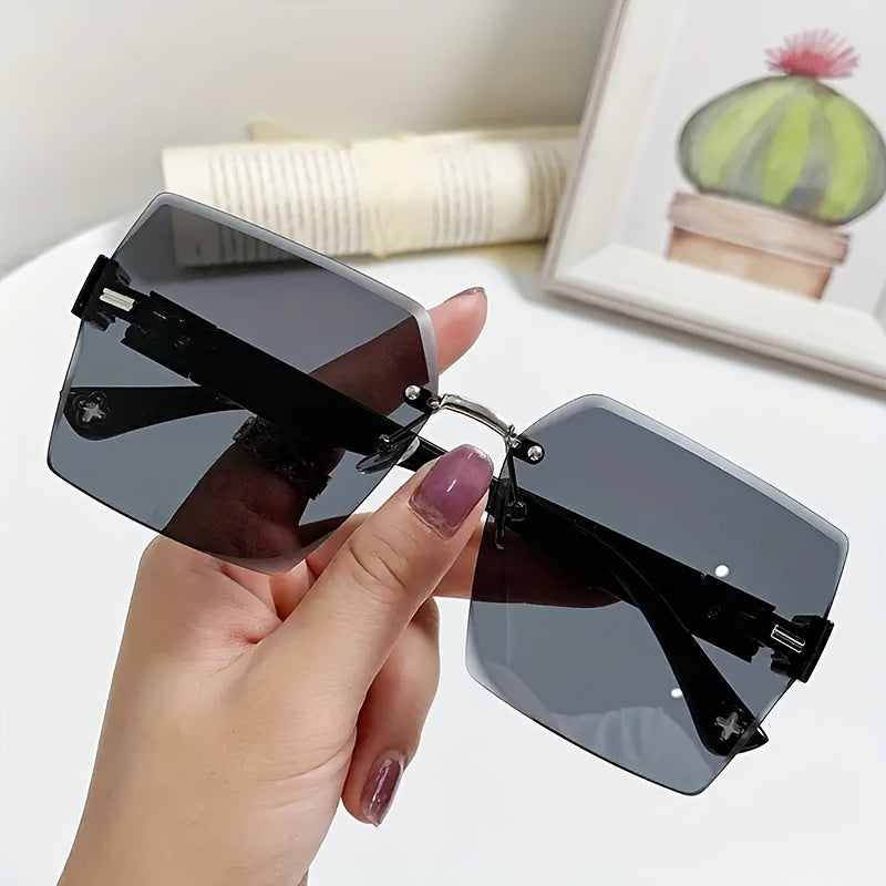 Rimless Square Fashion For Women Men Gradient Lens Cut Edge Glasses Metal Flower Decor Hollow Temple Eyewear