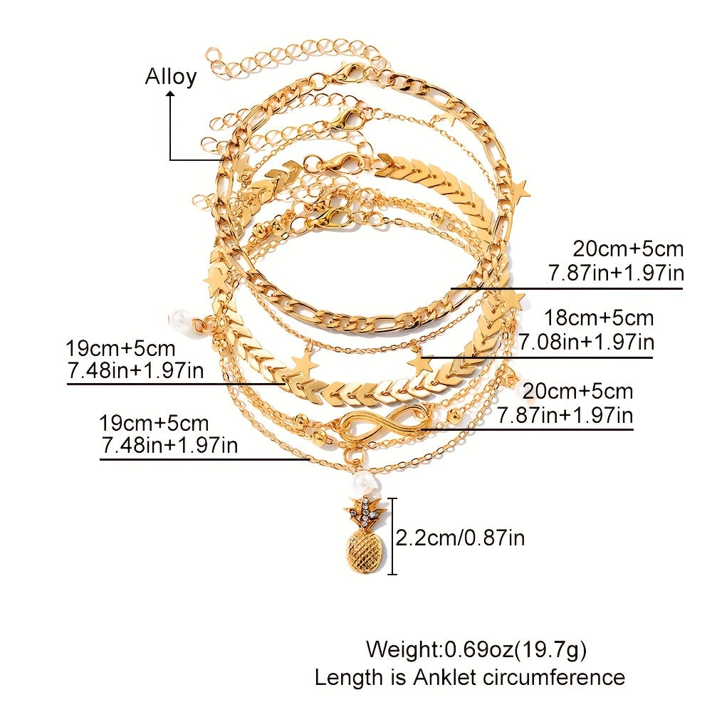 Vintage Golden Pineapple Faux Pearl Charm Anklet 5pcs/Set