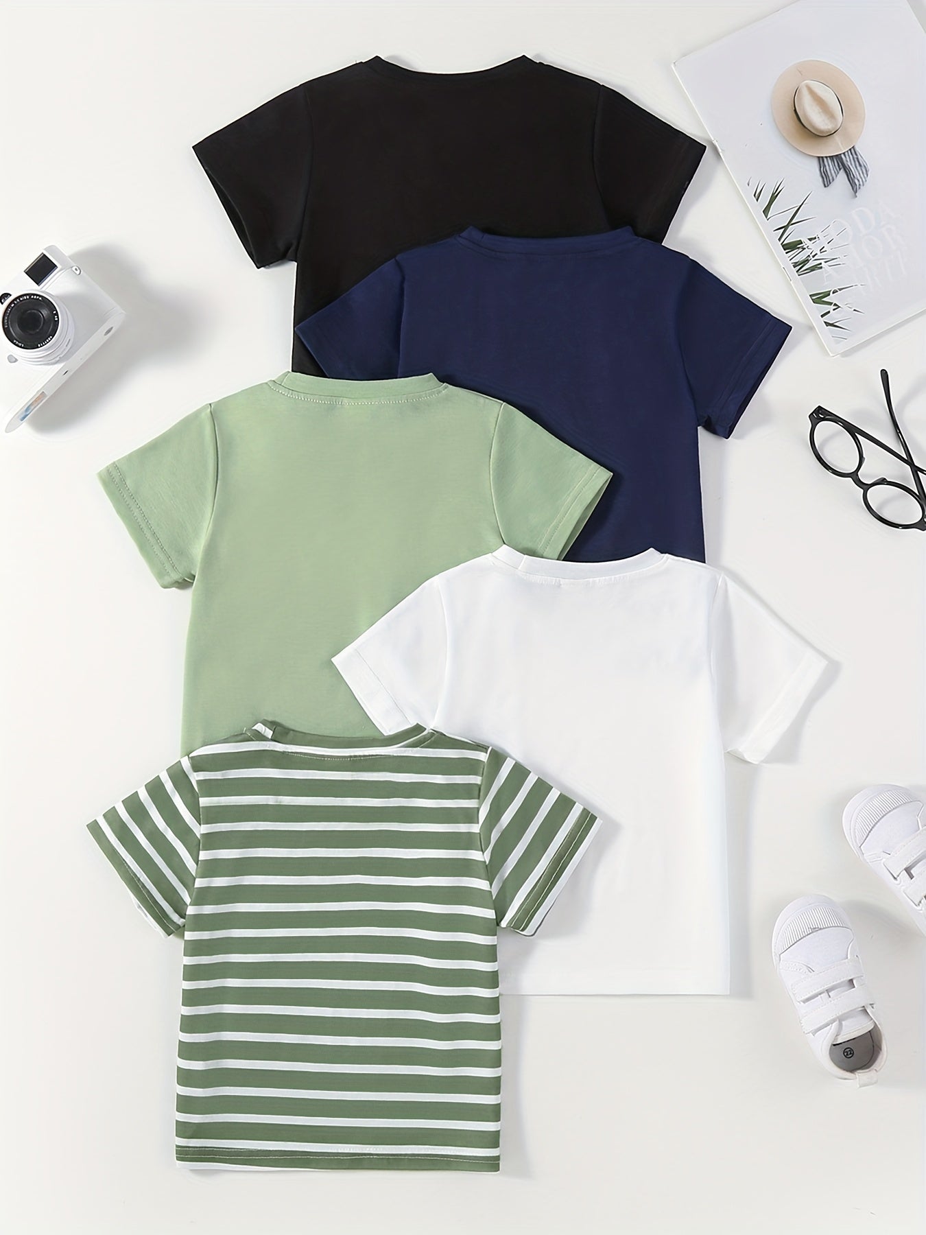[Soft | Comfortable] 5pcs Soft & Comfortable Solid Color & Striped Round Neck T-shirt Tees Tops | Casual Boys And Girls Summer Clothes