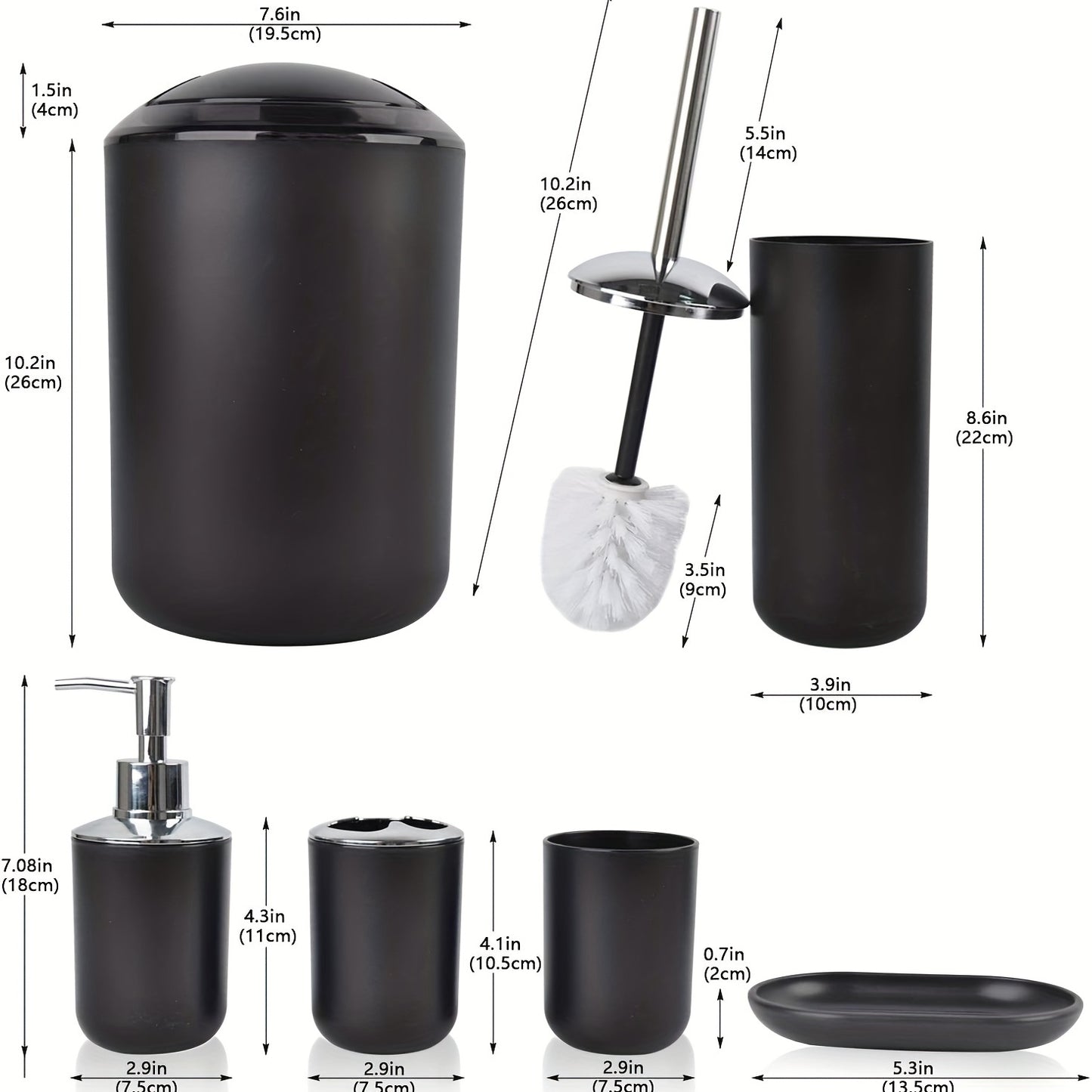[Black Bathroom Set] 6pcs Black Bathroom Accessory Set - Plastic Soap Dispenser, Toothbrush Holder, Cup, Dish, Trash Can - No Electricity Needed, Family Gift Essentials