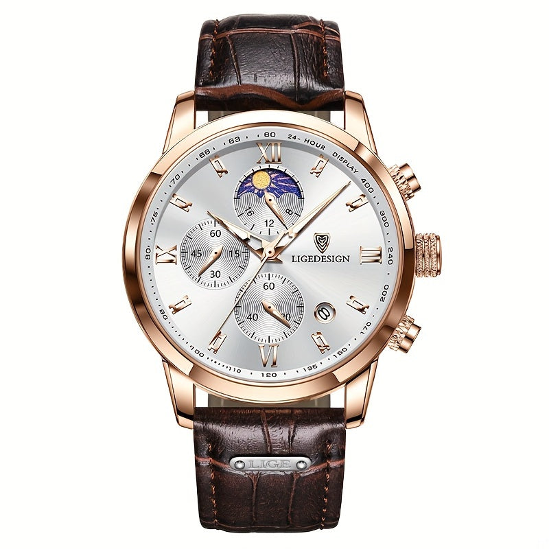[LIGE Luxury Men Watch] LIGE Luxury Men Watch - PU Leather Chronograph Sport Quartz Wristwatch for Men - Christmas Gift