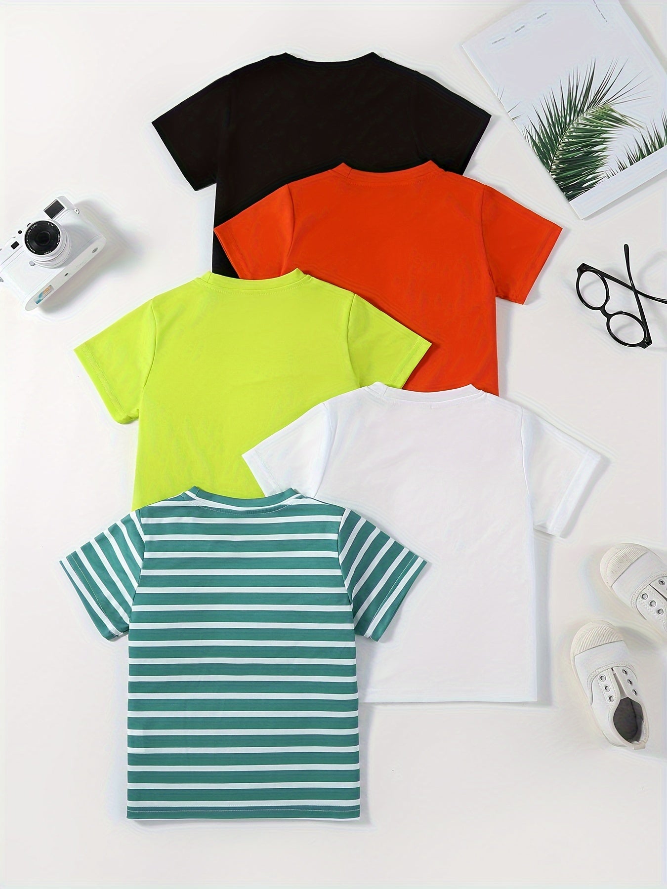 [Soft | Comfortable] 5pcs Soft & Comfortable Solid Color & Striped Round Neck T-shirt Tees Tops | Casual Boys And Girls Summer Clothes