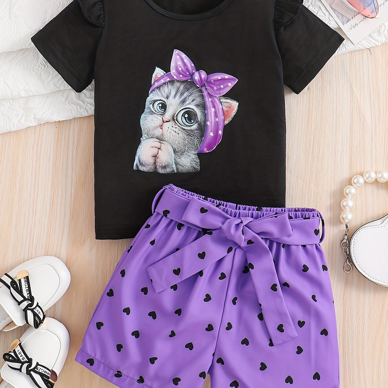 Summer Casual Round Neck Short Sleeve Printed Cat Pattern and Heart-Print Shor, Summer Outfit, Fashion, Cute Design, Playful Pattern, Soft Texture, Durable Clothing, 's Apparel, Little, 's Wear, Perfect for Outdoor