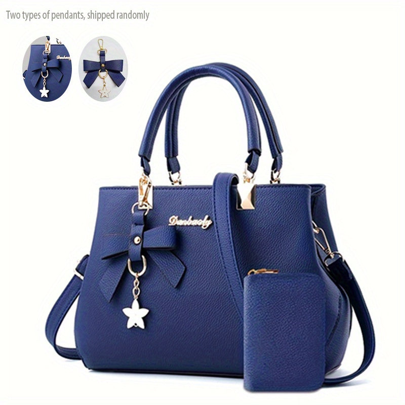 Chic Bow Decor Crossbody Bag for Women - Versatile Top Handle Satchel with Coin Purse, Adjustable Strap, and Zip Closure - Available in Khaki, Dark Pink, Light Blue, Black - Synthetic Material with Acrylic Lining, Cute Handba