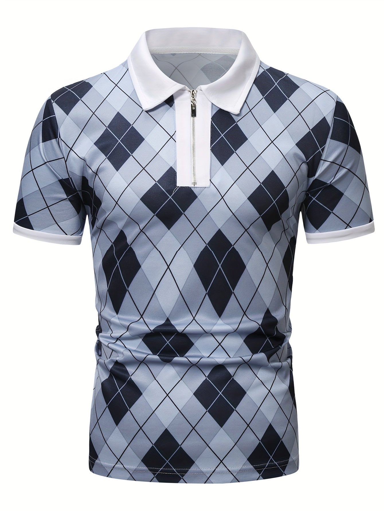 Geometric Pattern Print Men's Casual Short Sleeves Zipper Graphic Shirts, Lapel Collar Tops Pullovers, Men's Clothing For Summer