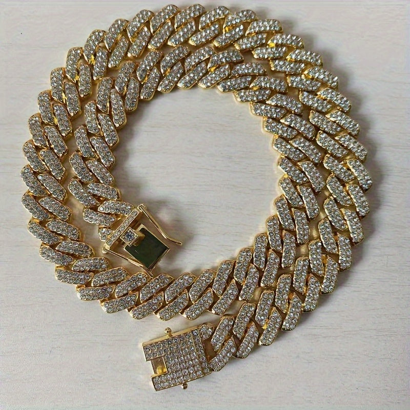 Chunky Iced Out Rhinestone Cuban Link Chain Necklace For Men, father's day gift