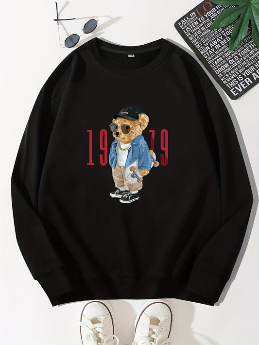 Men's Cartoon Bear Selfie Print Casual Round Neck Pullover Sweatshirt