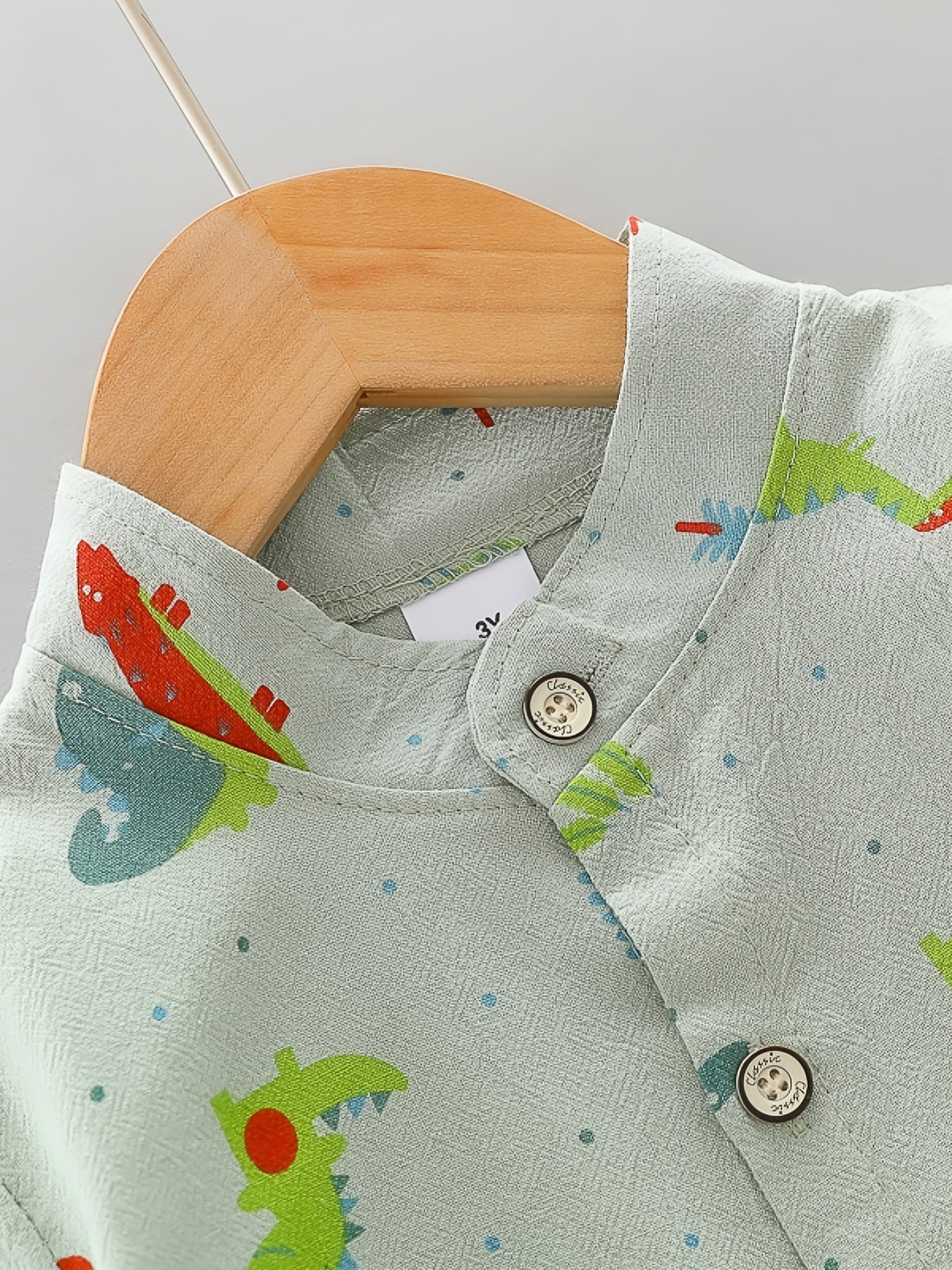 2pcs Toddler Dinosaur Print Short Sleeve Shirt & Shorts Set - Boys Summer Clothes, Elastic Waist, Button Front, Short Sets