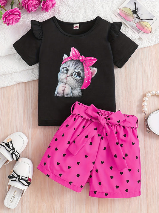 Summer Casual Round Neck Short Sleeve Printed Cat Pattern and Heart-Print Shor, Summer Outfit, Fashion, Cute Design, Playful Pattern, Soft Texture, Durable Clothing, 's Apparel, Little, 's Wear, Perfect for Outdoor