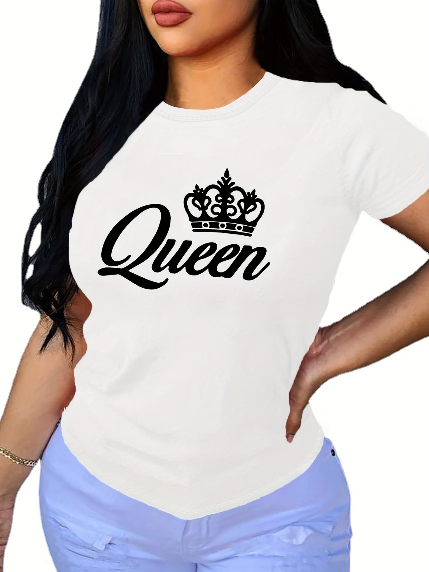 Crown Letter Print Crew Neck T-Shirt, Casual Short Sleeve T-Shirt For Spring & Summer, Women's Clothing
