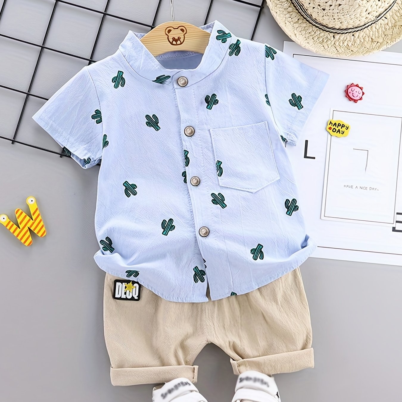 2pcs Toddler Dinosaur Print Short Sleeve Shirt & Shorts Set - Boys Summer Clothes, Elastic Waist, Button Front, Short Sets