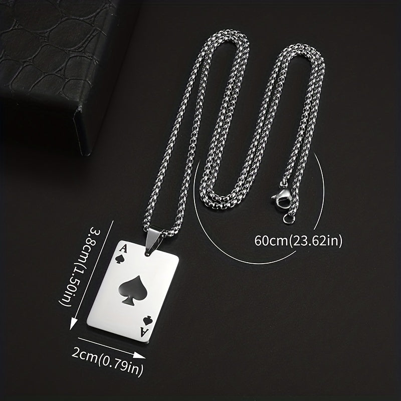 1pc Unique Men's Stainless Steel Chain Necklace with Intricately Designed Playing Cards Pendant - Fashionable Accessory for Men - Durable and Water-Resistant Jewelry