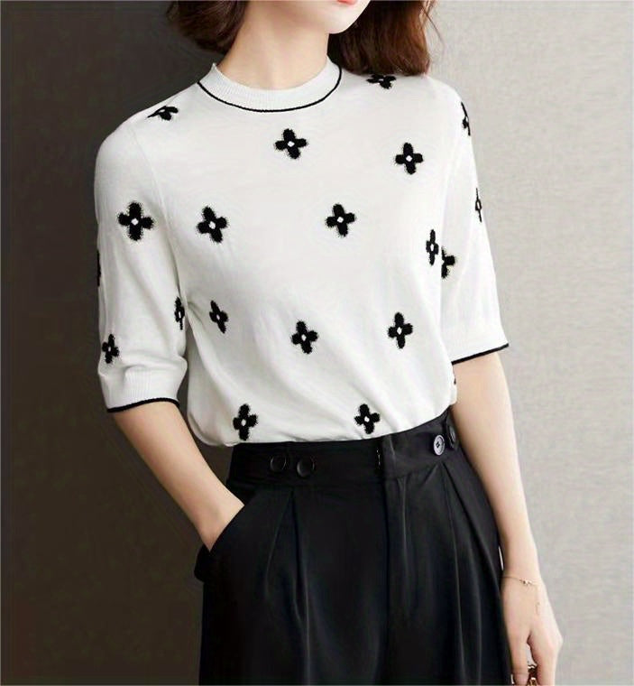 Valentine's Day Floral Print Knit Sweater, Casual Crew Neck Half Sleeve Sweater For Spring & Summer, Women's Clothing