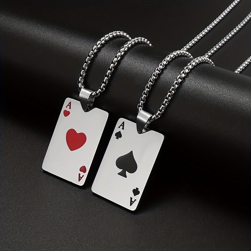 1pc Unique Men's Stainless Steel Chain Necklace with Intricately Designed Playing Cards Pendant - Fashionable Accessory for Men - Durable and Water-Resistant Jewelry