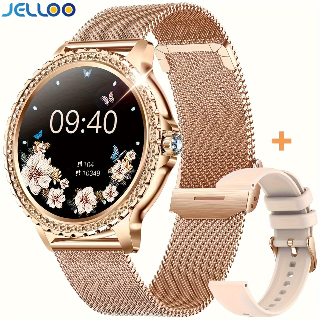 JELLOO Women'S Fashion Smart Watch - 3.35cm HD Full Touch Screen, Wireless Calls, IP68, Rechargeable Lithium Battery, Rose Golden & Pearl Accents, Perfect for iPhone & Android, Stylish Accessory|Rose Golden Watch|Lithium Batt