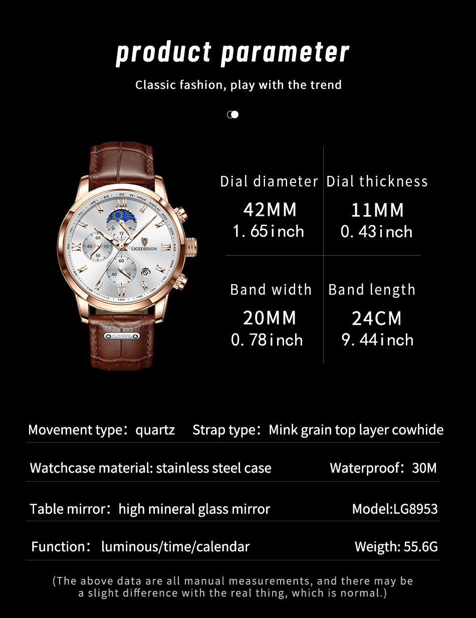 [LIGE Luxury Men Watch] LIGE Luxury Men Watch - PU Leather Chronograph Sport Quartz Wristwatch for Men - Christmas Gift
