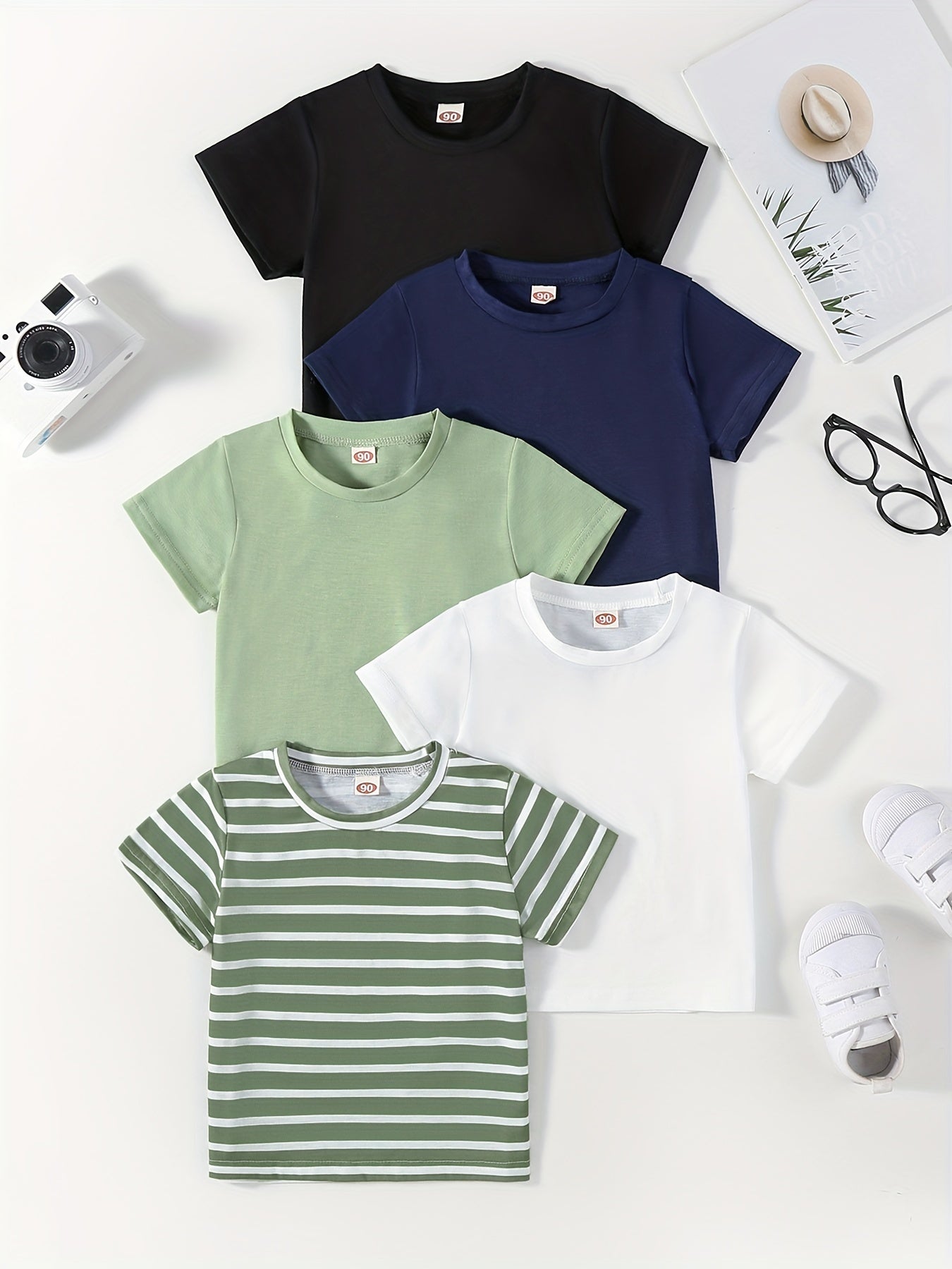 [Soft | Comfortable] 5pcs Soft & Comfortable Solid Color & Striped Round Neck T-shirt Tees Tops | Casual Boys And Girls Summer Clothes