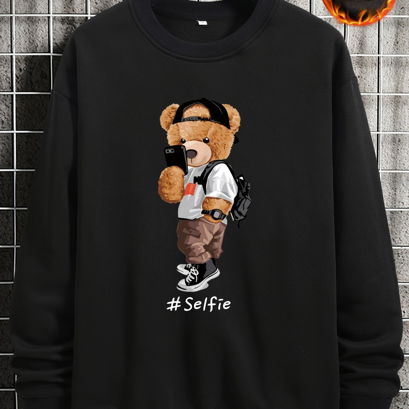 Men's Cartoon Bear Selfie Print Casual Round Neck Pullover Sweatshirt
