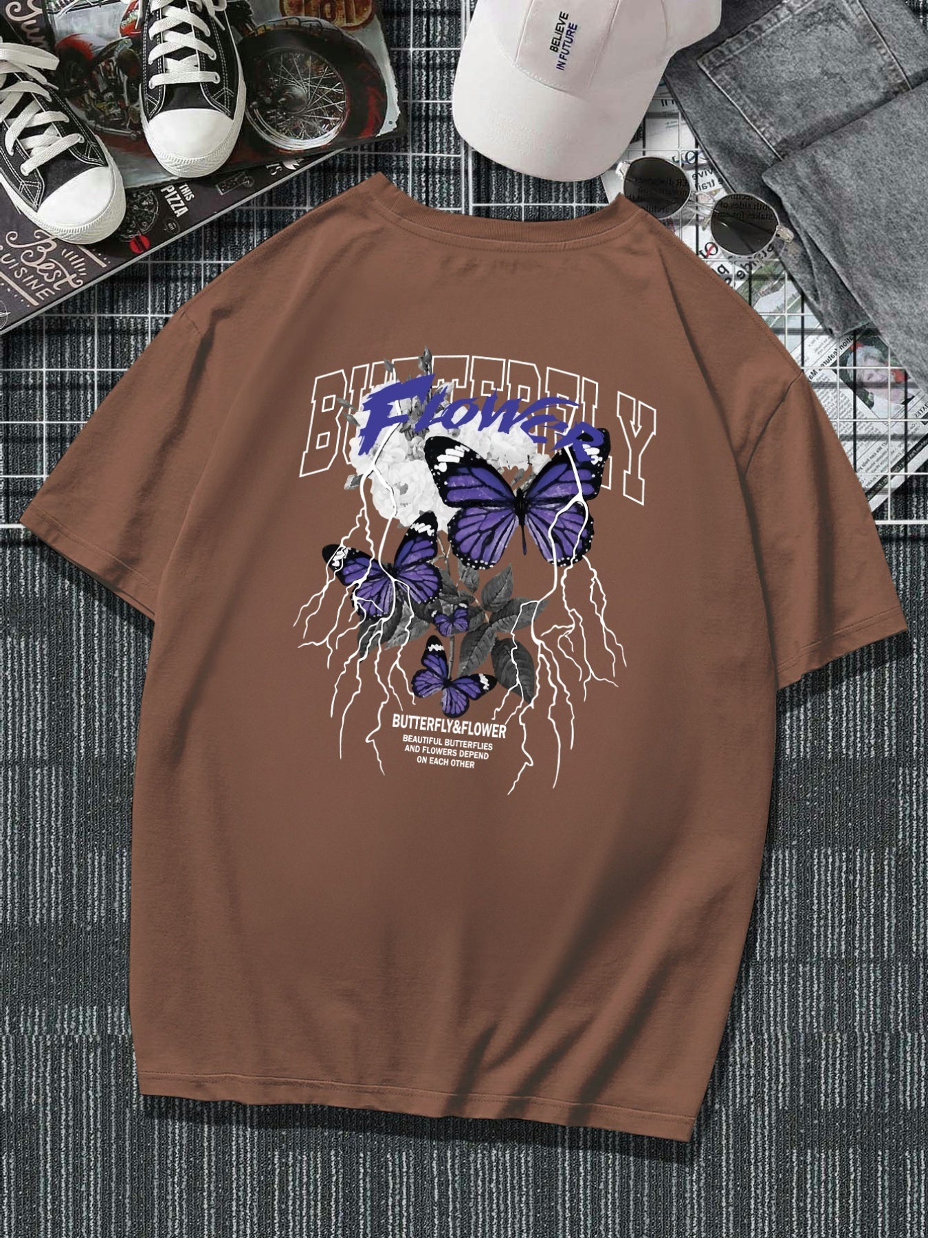 Plus Size Butterfly Men's Casual Trendy Graphic Print Comfortable Crew Neck Short Sleeve T-shirts, Summer Oversized Loose Tees