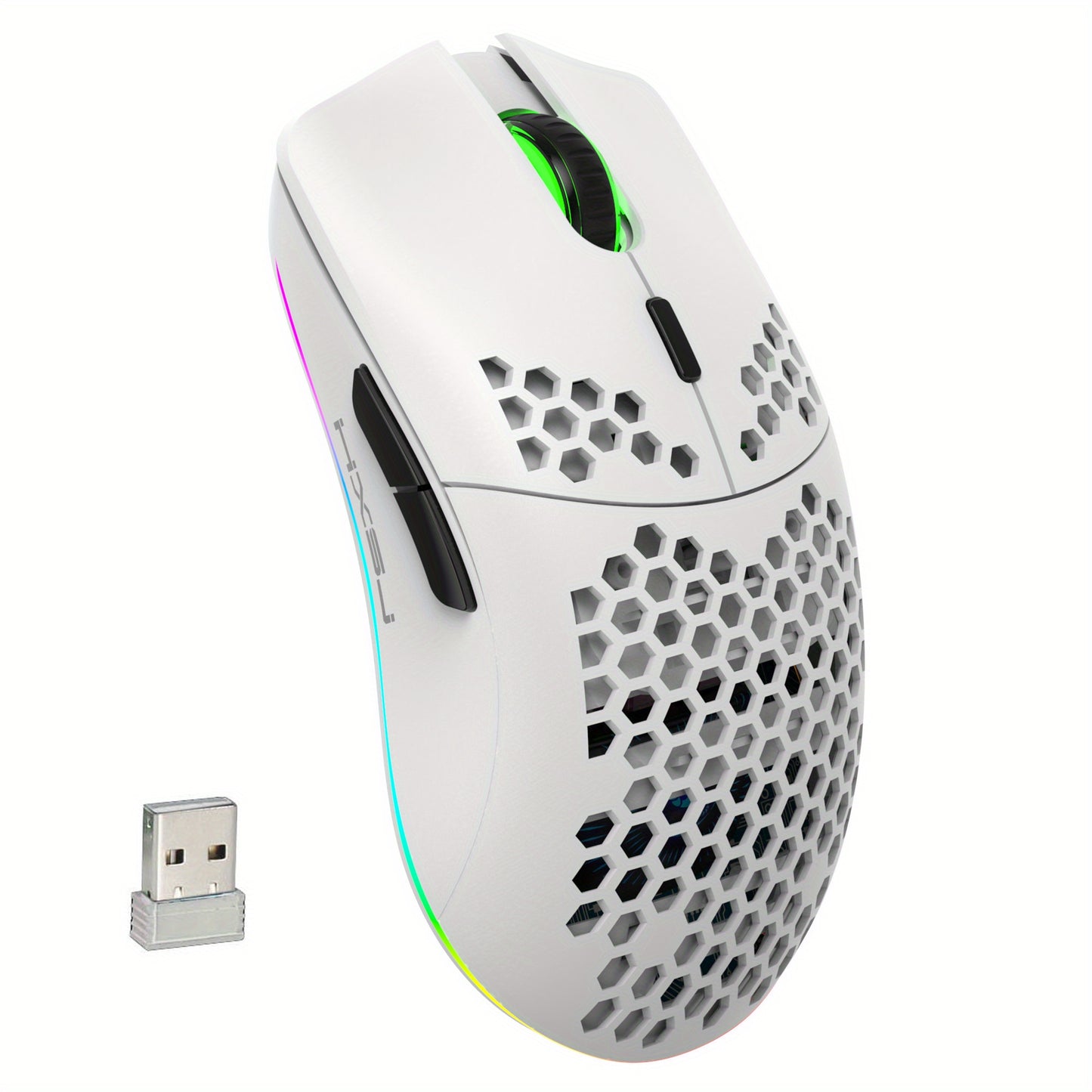 [Wireless Gaming] HXSJ 2.4G Wireless Gaming Mouse | Right-Handed | RGB Lighting, Rechargeable, Honeycomb Design | Gaming | Right-Handed Comfort | White