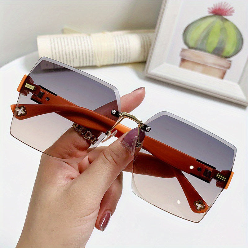 Rimless Square Fashion For Women Men Gradient Lens Cut Edge Glasses Metal Flower Decor Hollow Temple Eyewear