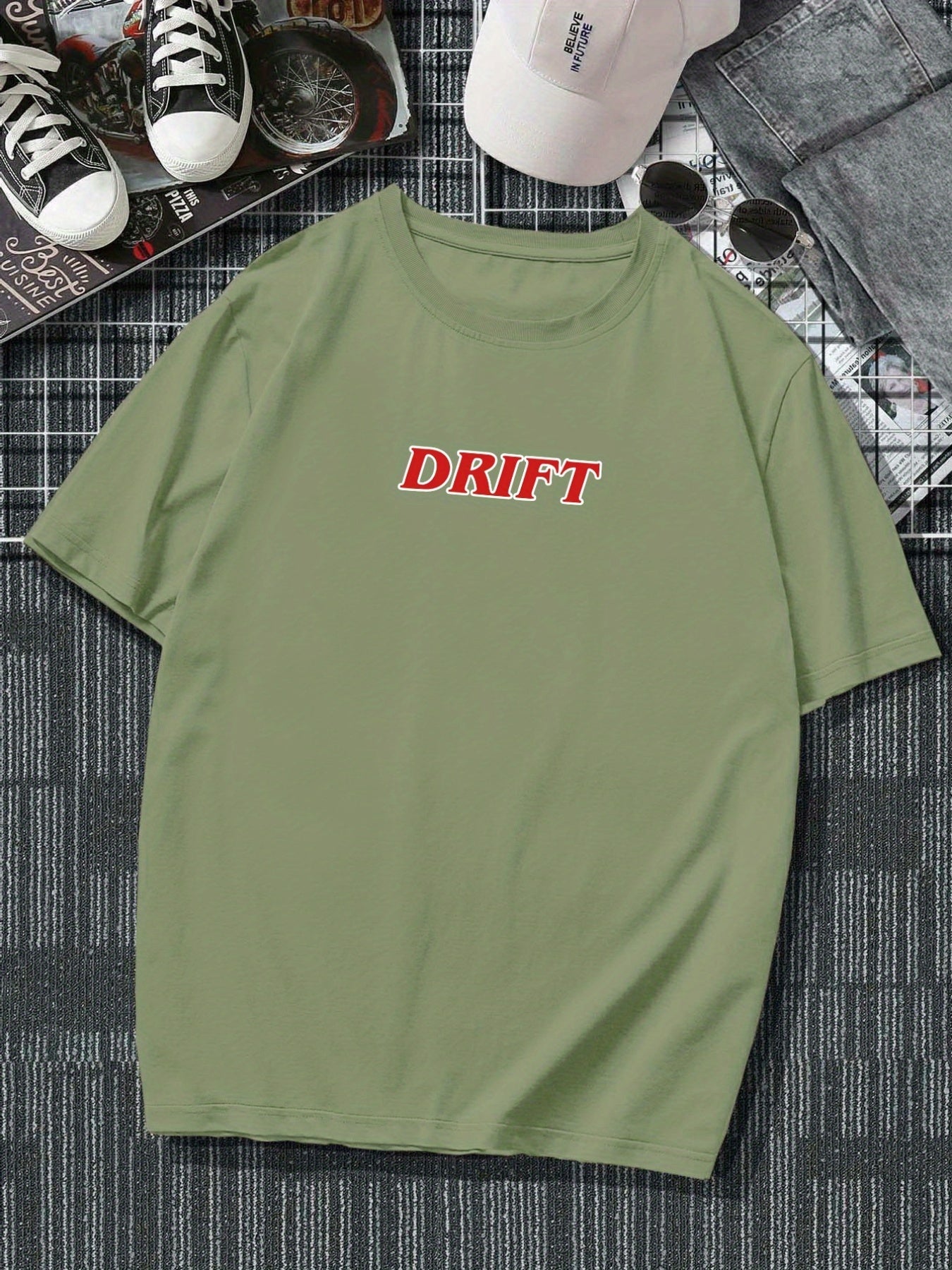 Plus Size Drift Car Men's Casual Trendy Graphic Print Comfortable Crew Neck Short Sleeve T-shirts, Summer Oversized Loose Tees