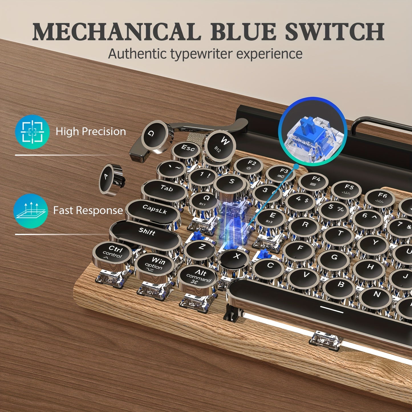 Wired & Wireless Retro Multi-Device Mechanical Typewriter, Compact 80% Layout Keyboard, Hotswappable, Wireless 5.0, Round Keycaps, LED Backlit, For Windows/IOS/Android/Linux