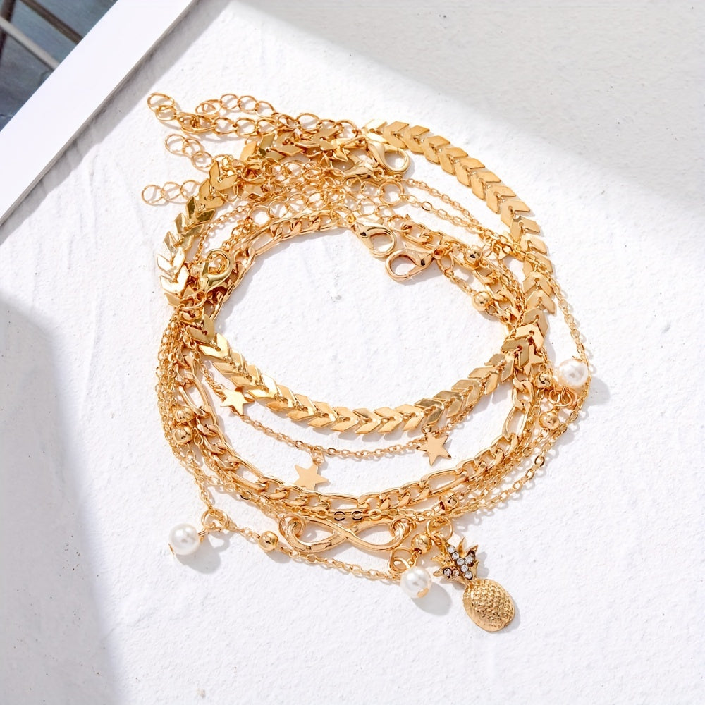 Vintage Golden Pineapple Faux Pearl Charm Anklet 5pcs/Set