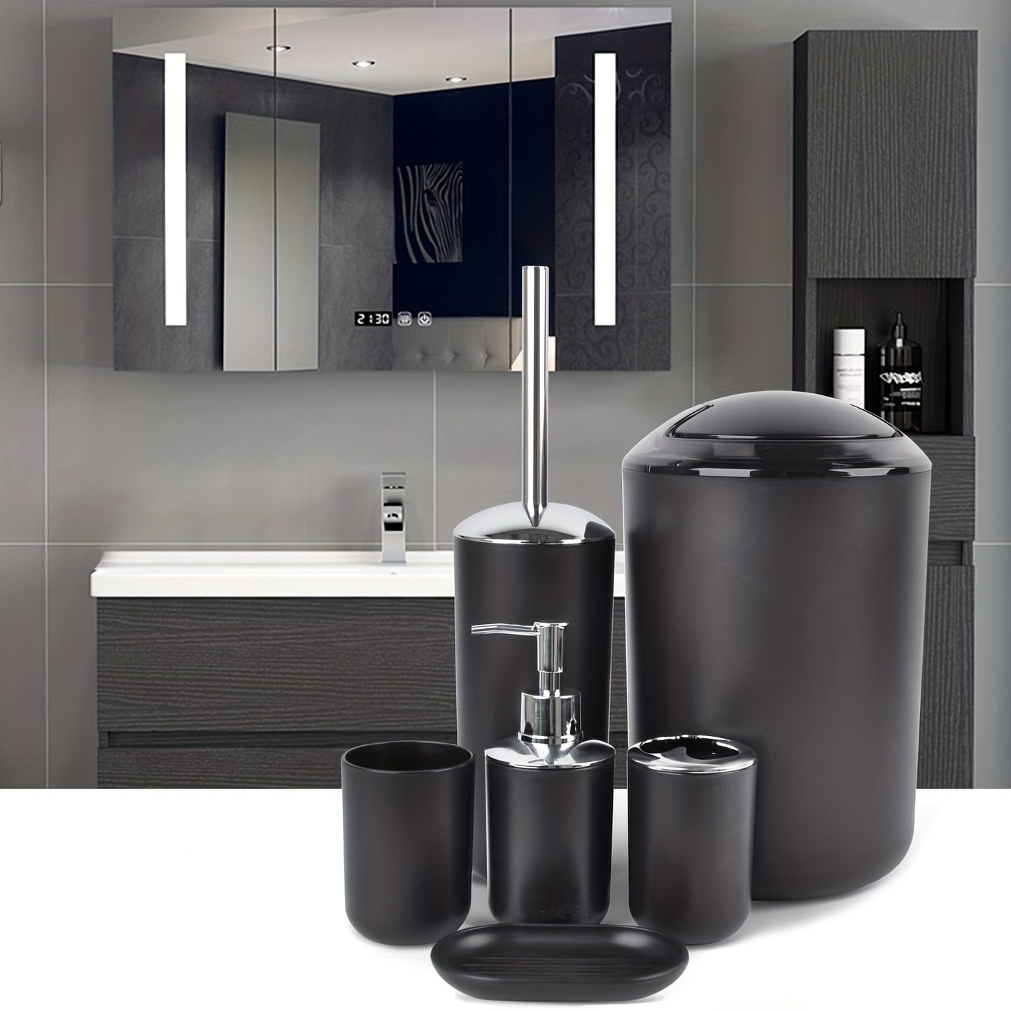 [Black Bathroom Set] 6pcs Black Bathroom Accessory Set - Plastic Soap Dispenser, Toothbrush Holder, Cup, Dish, Trash Can - No Electricity Needed, Family Gift Essentials