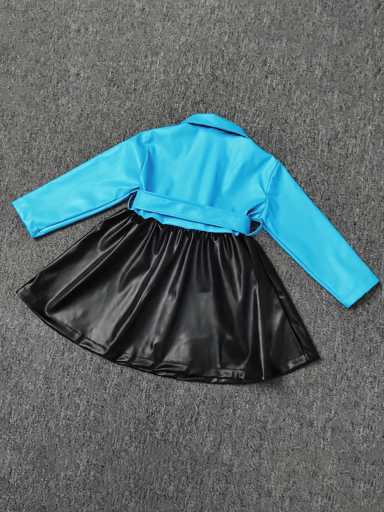 Vibrant Color Block PU Leather Dress for Girls - Stylish Button Lapel Design, Adjustable Belt, and Comfortable Fit for Kids' Everyday Wear